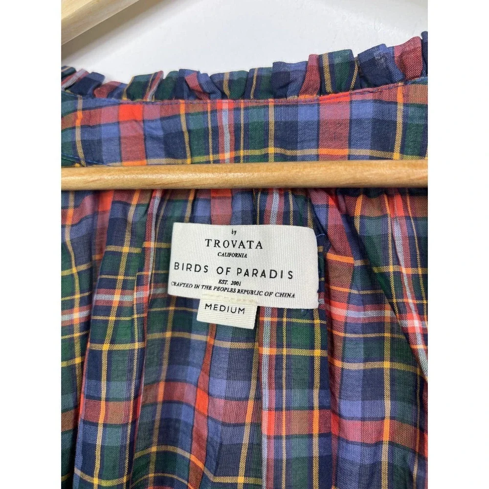 Birds of Paradis Trovata Eunice Square Neckline Ruffle Blouse Trail Plaid M NWT - Picture 5 of 11